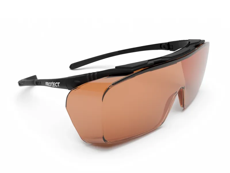 Filtre orange et monture noire ajustable, adaptées pour une utilisation professionnelle nécessitant une protection UV.