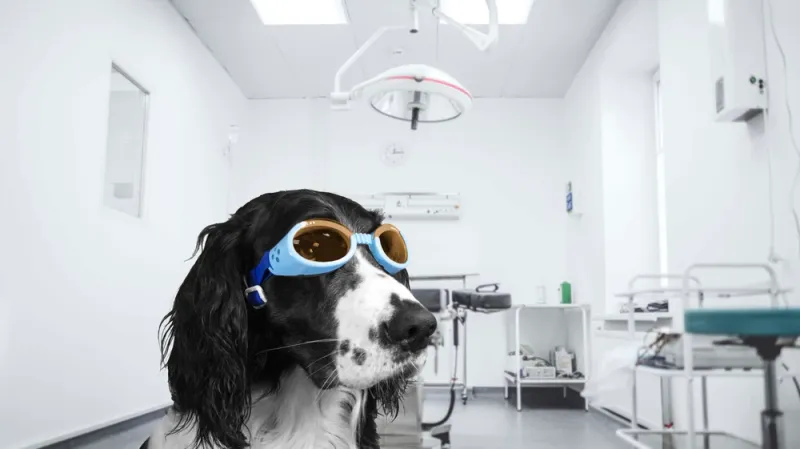 Un chien équipé des lunettes de protection laser DOGGLES® en environnement clinique, illustrant la protection et le confort pour les traitements vétérinaires.