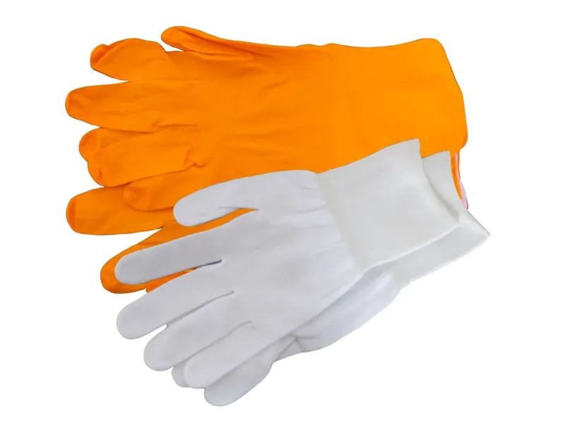 Gants de protection orange jetables et sous-gants blancs pour une protection UV complète et confortable.