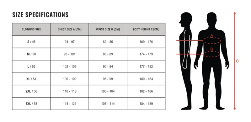 Tableau des tailles pour la combinaison de protection UV, avec mesures du torse, de la taille et de la hauteur.