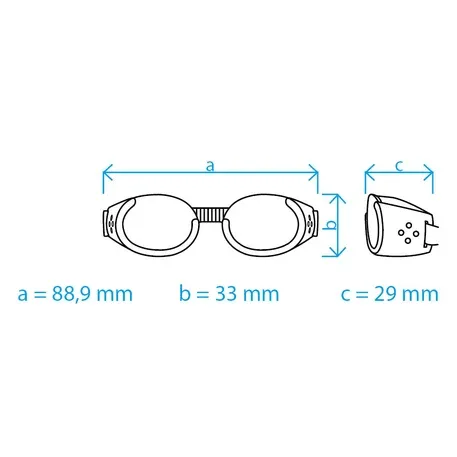 Schéma technique avec dimensions des lunettes DOGGLES® : 88,9 mm de largeur (a), 33 mm de hauteur (b), et 29 mm de profondeur (c), pour un ajustement optimal.